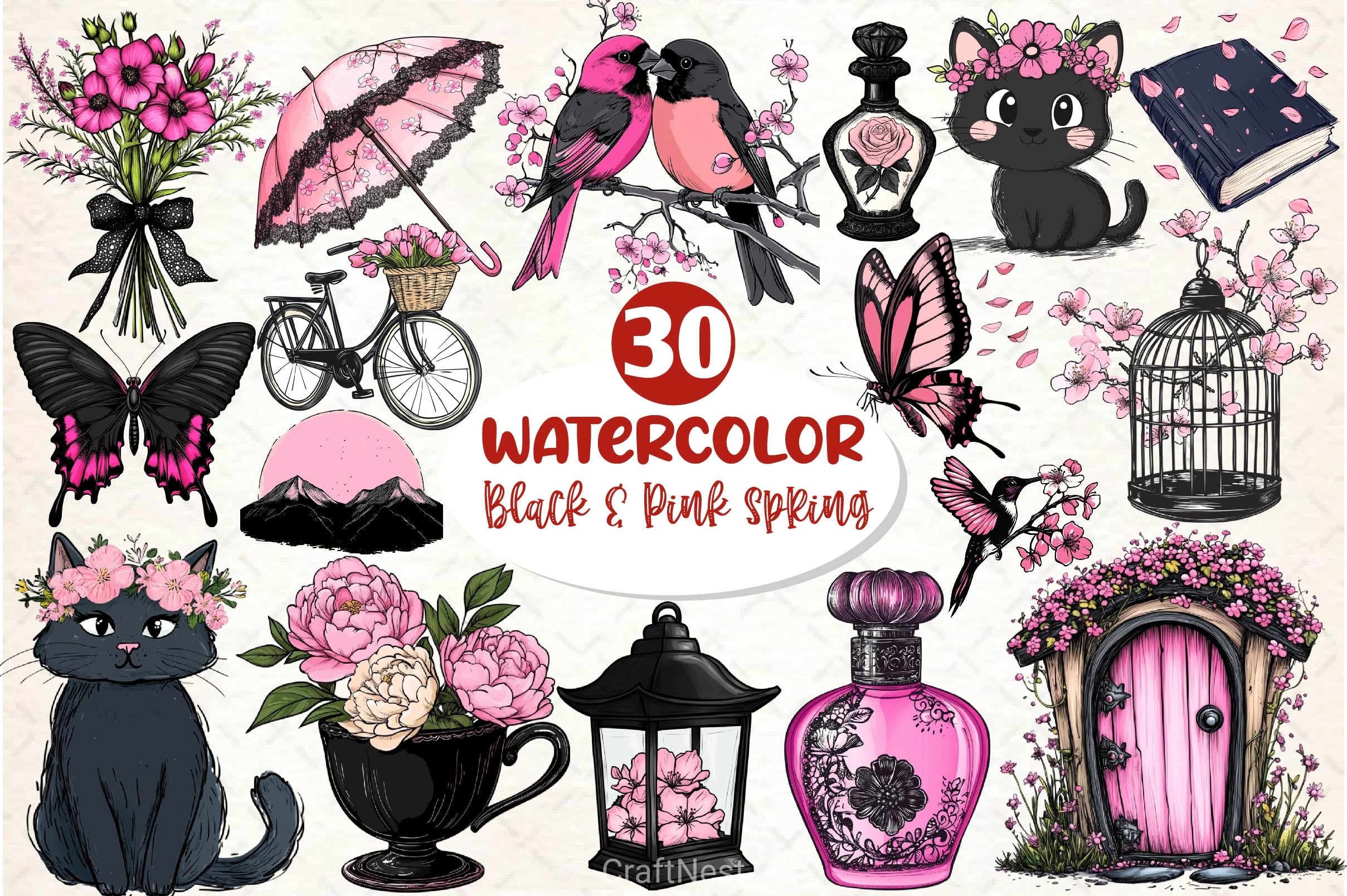 Black & Pink Spring Clipart Bundle 2 - CraftNest - Digital Crafting and Art