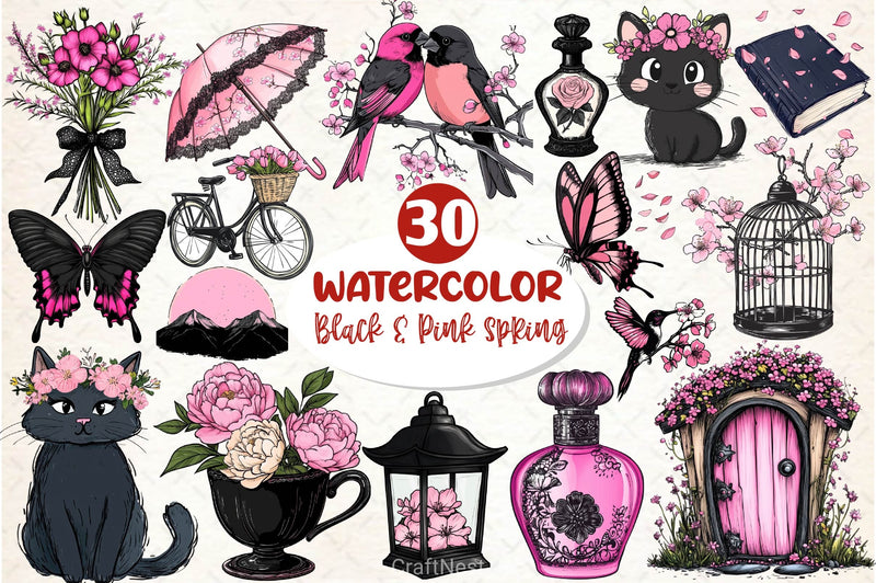 Black & Pink Spring Clipart Bundle 2 - CraftNest - Digital Crafting and Art