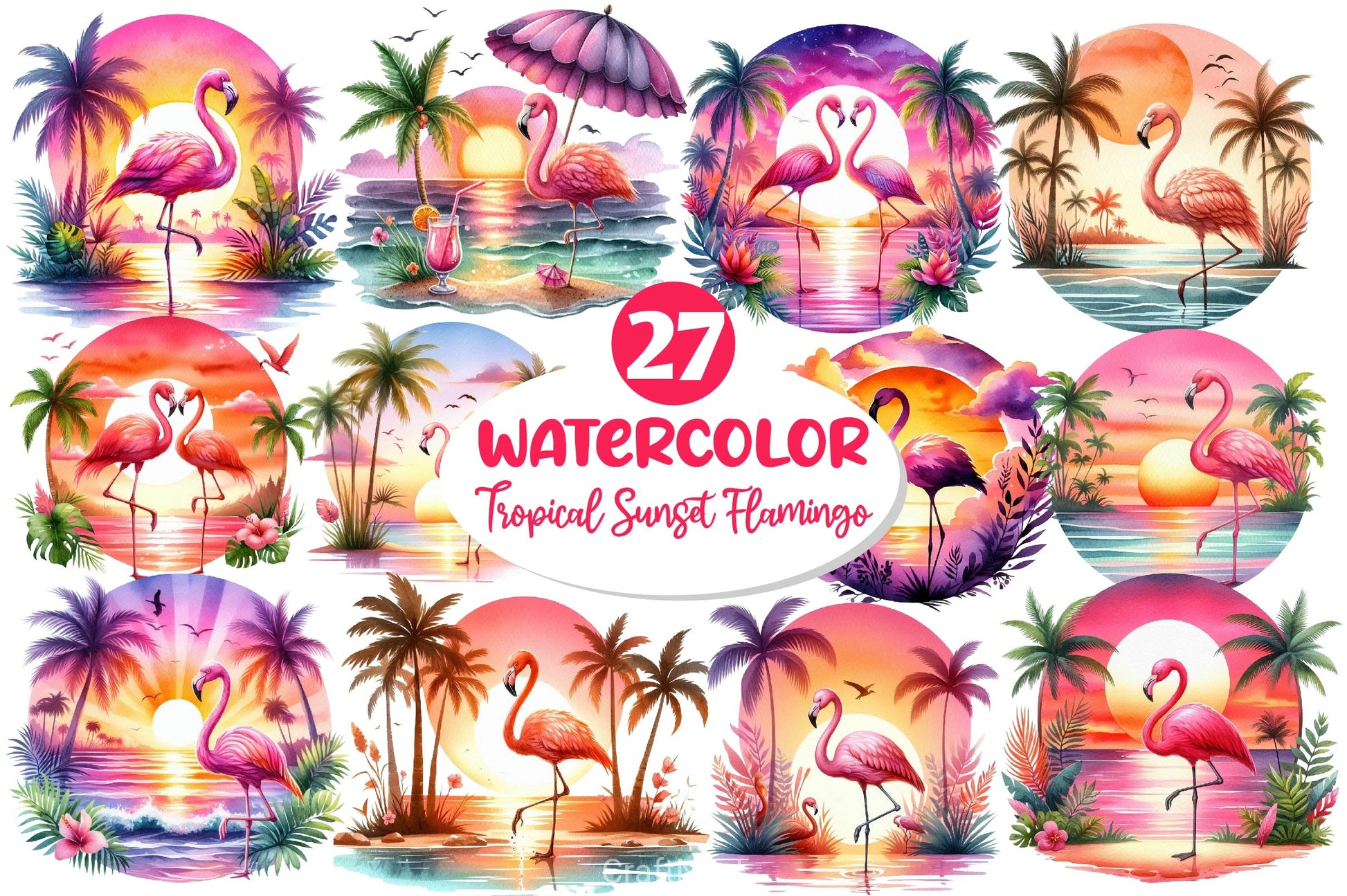 Tropical Sunset Flamingo Clipart Bundle 2 - CraftNest - Digital Crafting and Art