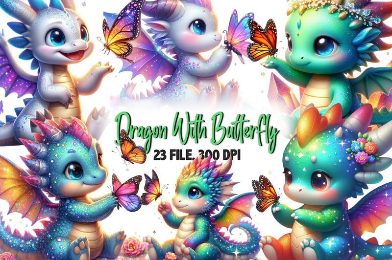 Cute Dragon With Butterfly Clipart Bundle - CraftNest - Digital Crafting and Art