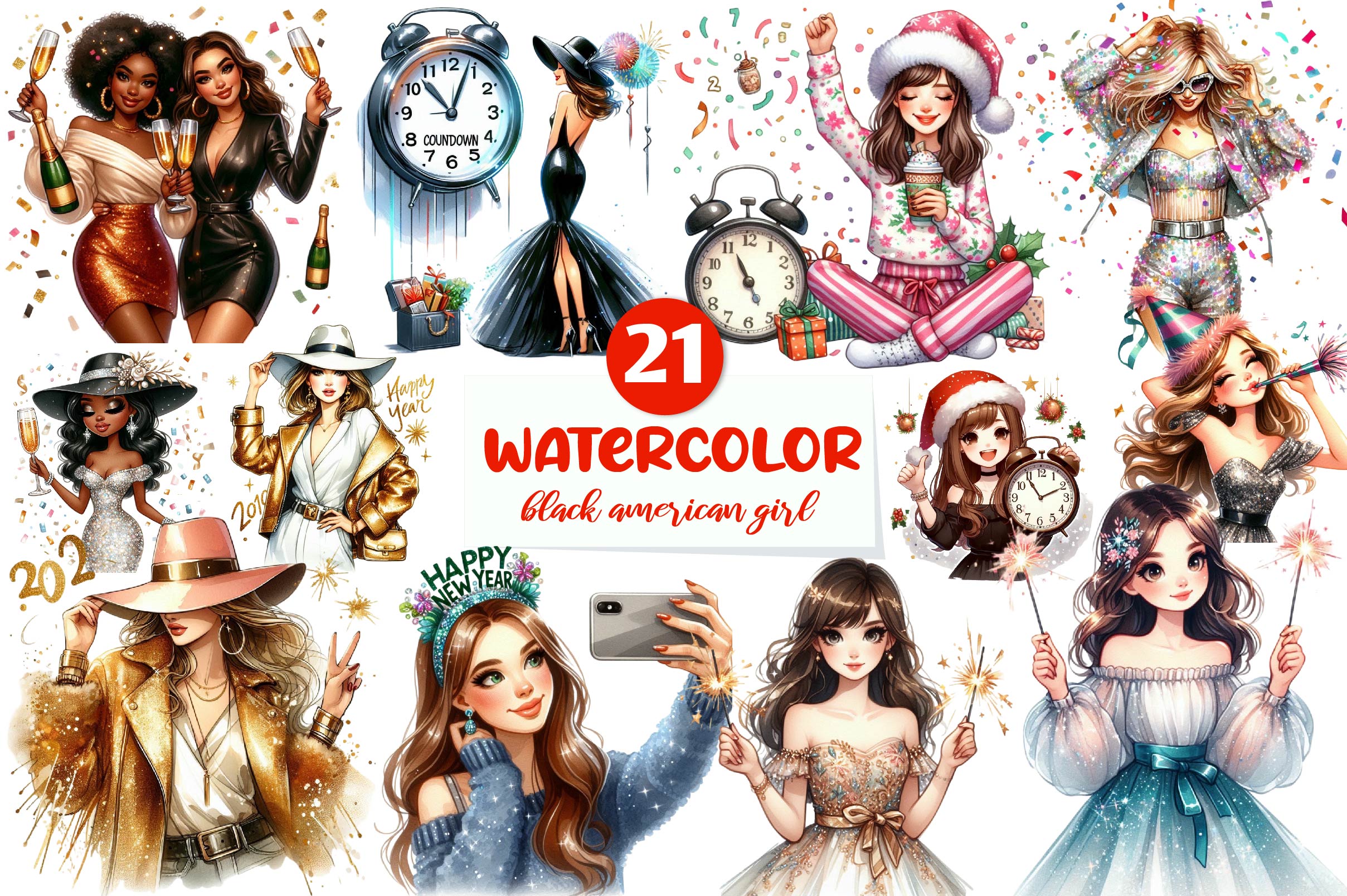 New Year Black American Girl Clipart Bundle - CraftNest - Digital Crafting and Art