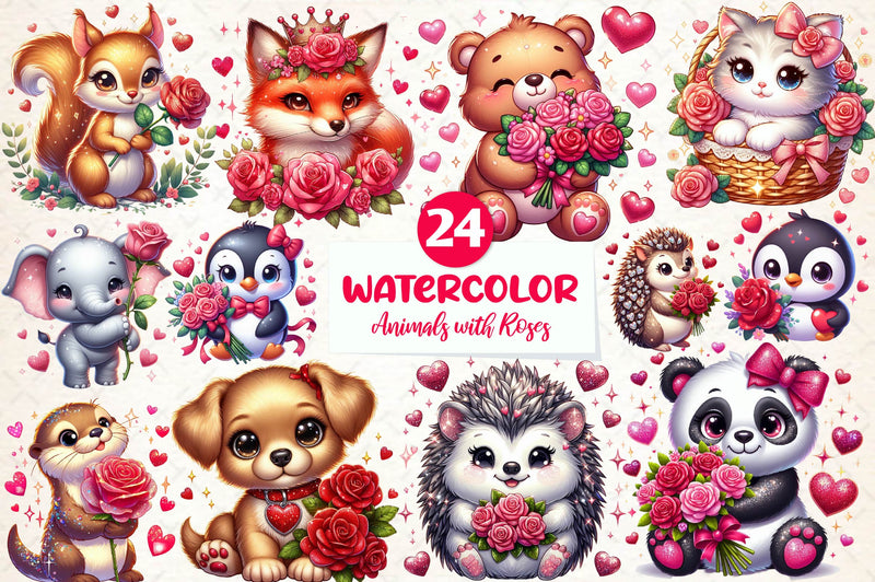 Valentine Animals With Roses Clipart Bundle - CraftNest - Digital Crafting and Art