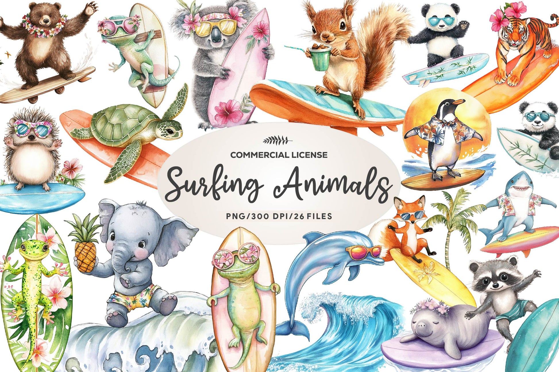 Retro Surfing Animals Clipart Bundle - CraftNest - Digital Crafting and Art