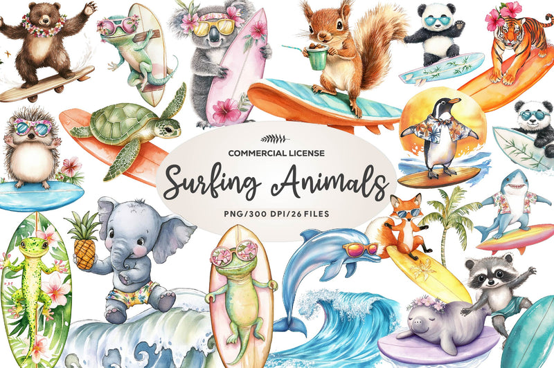 Retro Surfing Animals Clipart Bundle - CraftNest - Digital Crafting and Art