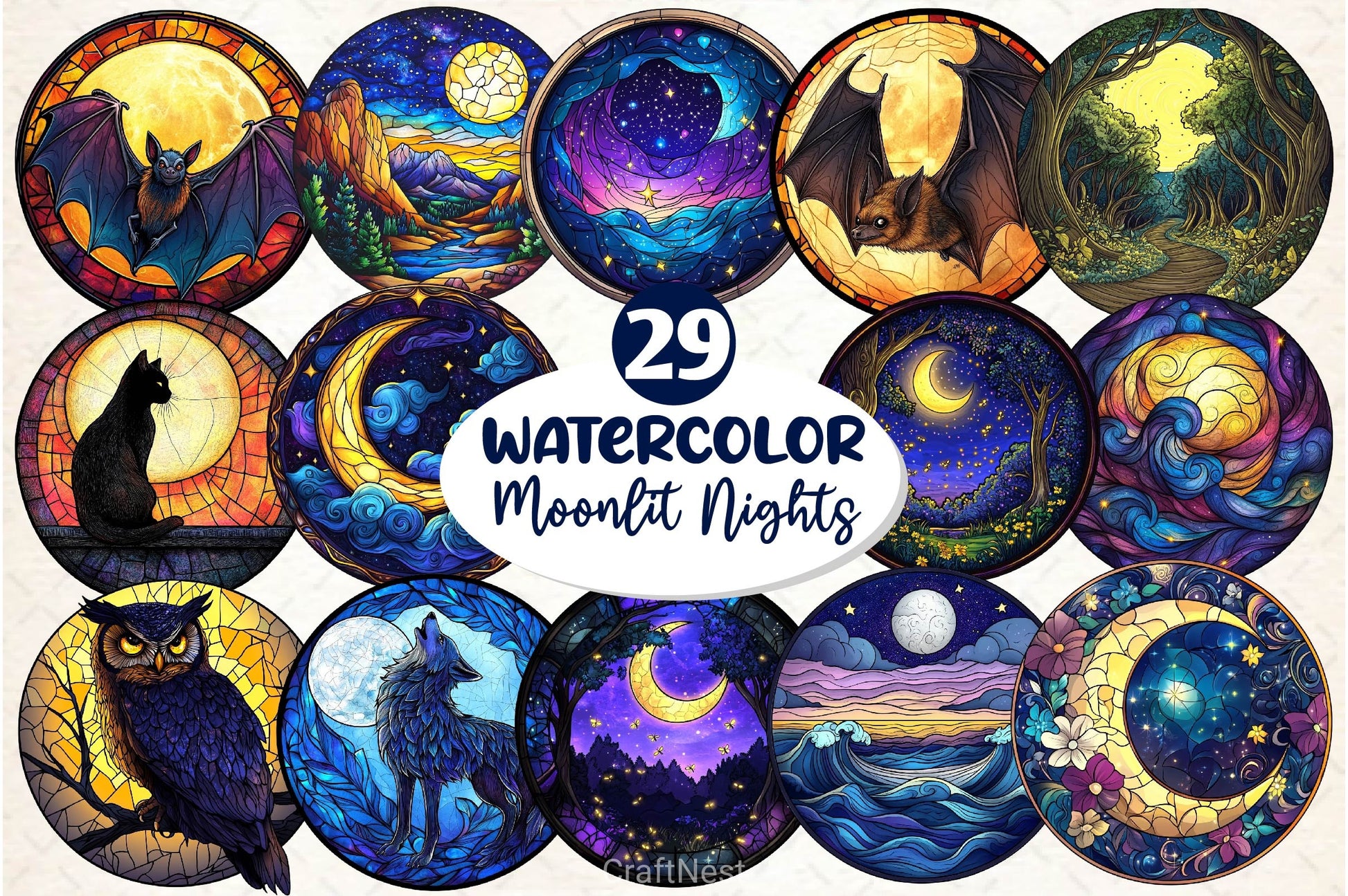 Moonlit Nights Stained Glass Circle Clipart Bundle - CraftNest - Digital Crafting and Art