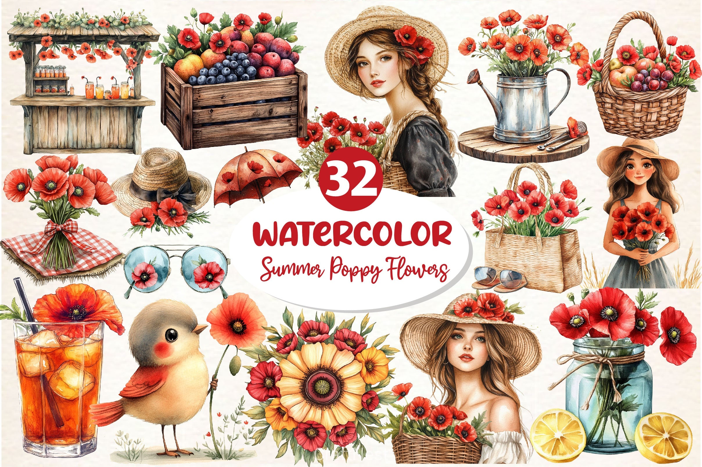 Summer With Poppy Flowers Clipart Bundle - CraftNest - Digital Crafting and Art
