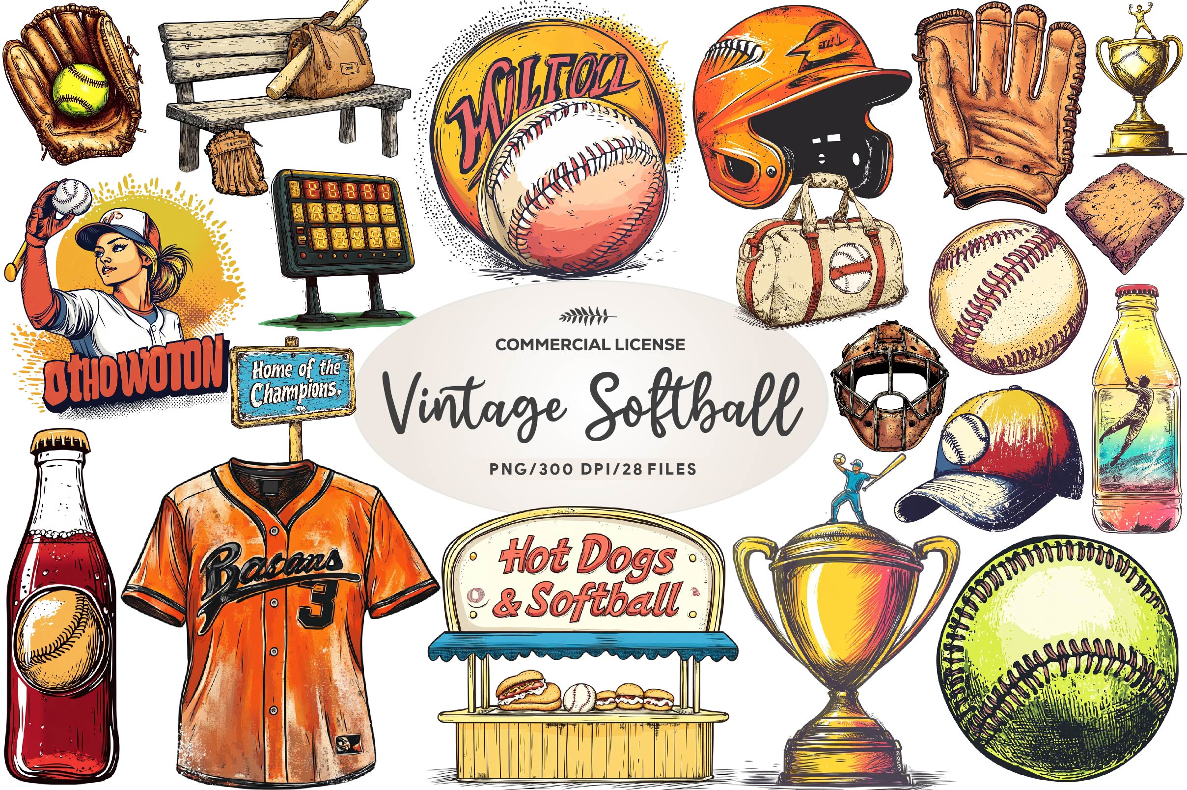 Vintage Softball Clipart Bundle - CraftNest - Digital Crafting and Art