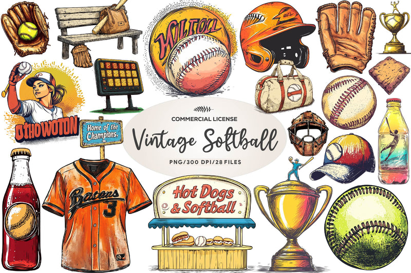 Vintage Softball Clipart Bundle - CraftNest - Digital Crafting and Art