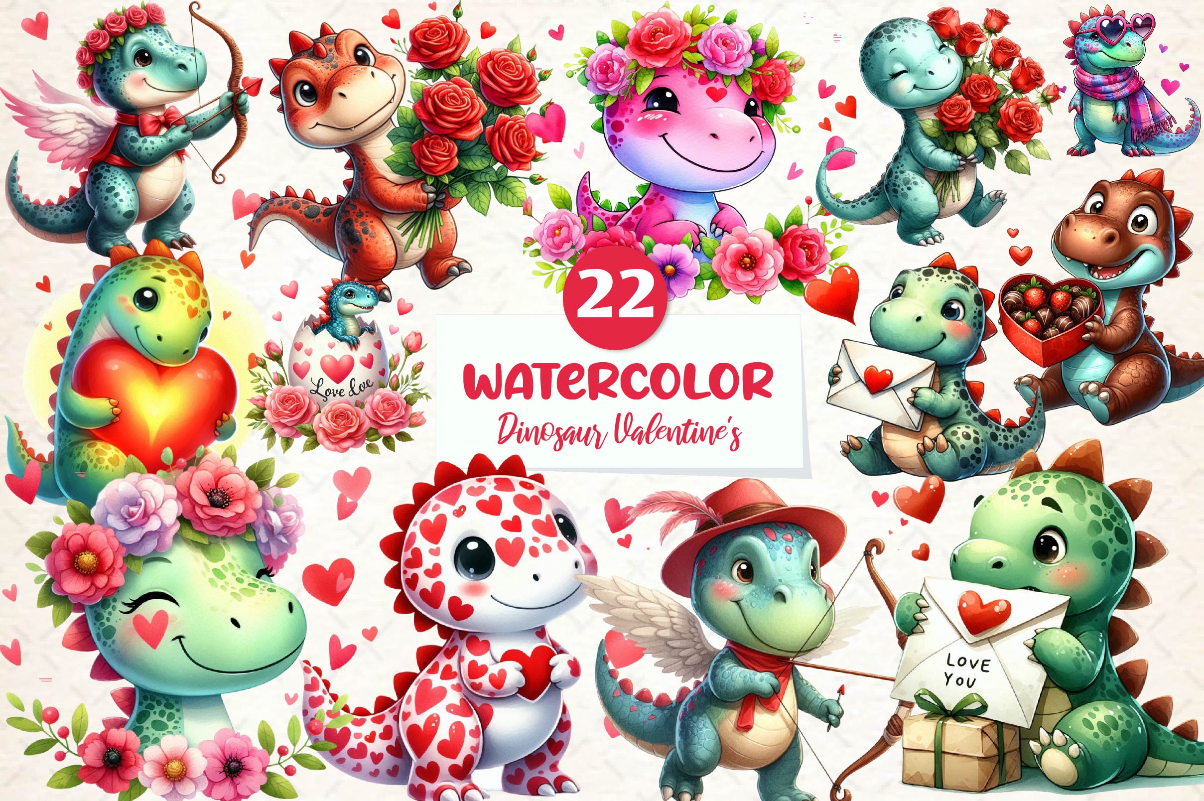 Dinosaur Valentines Day Clipart Bundle - CraftNest - Digital Crafting and Art
