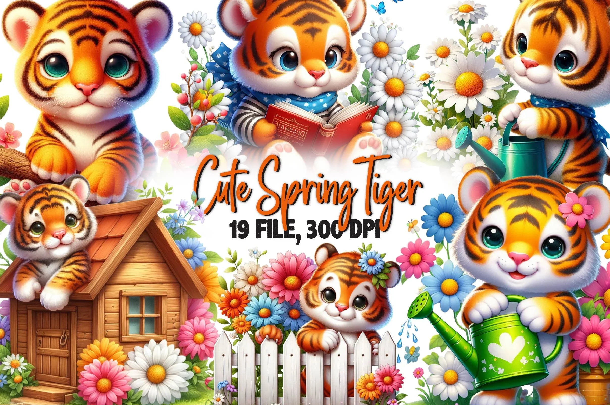 Cute Spring Tiger Clipart Bundle