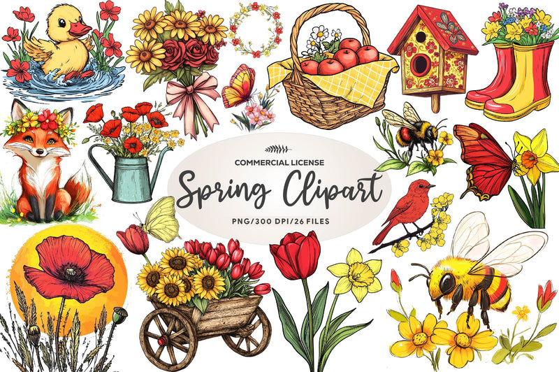 Red & Yellow Spring Clipart Bundle - CraftNest - Digital Crafting and Art