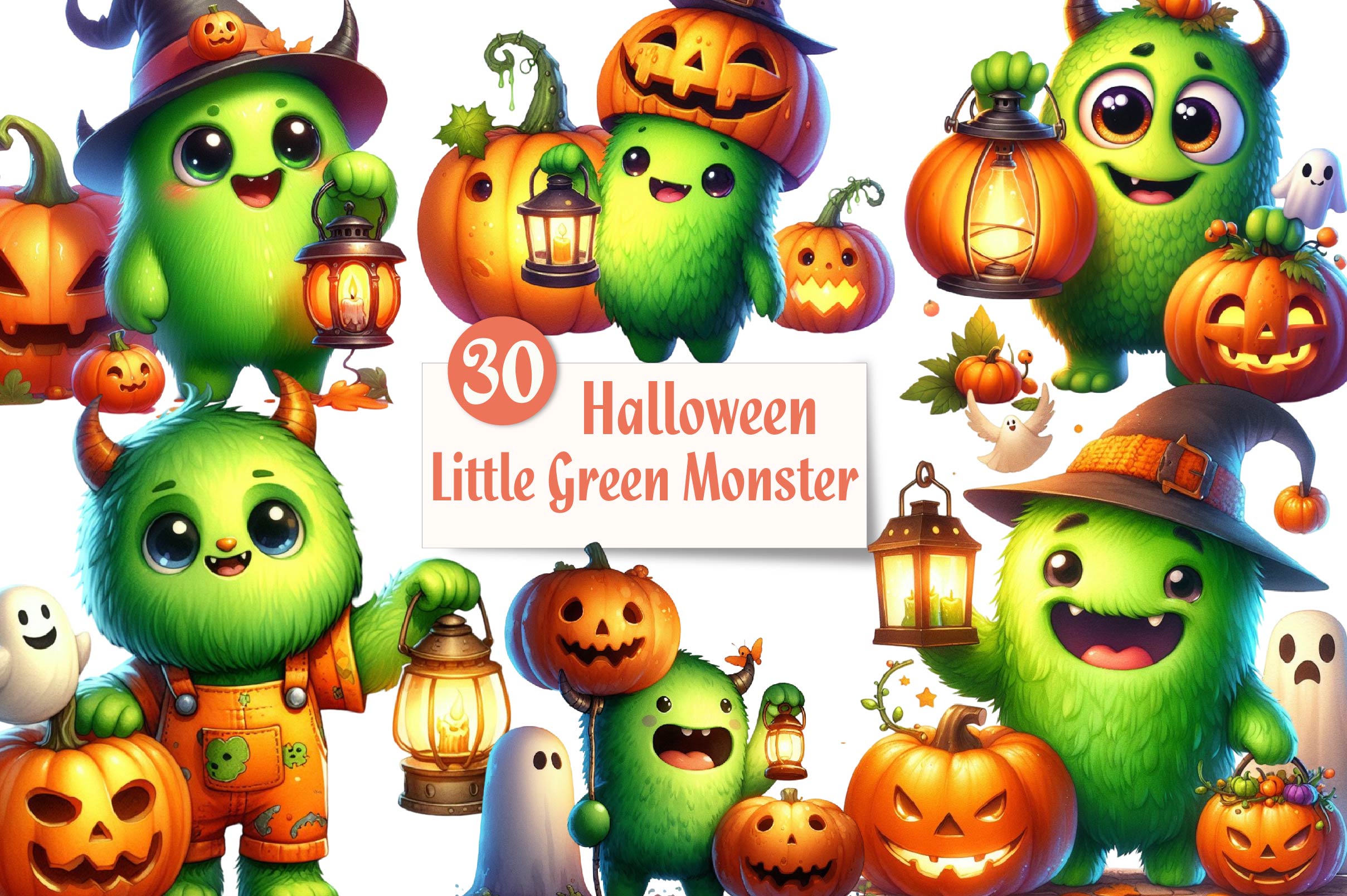 Halloween Little Green Monster Clipart Bundle - CraftNest - Digital Crafting and Art
