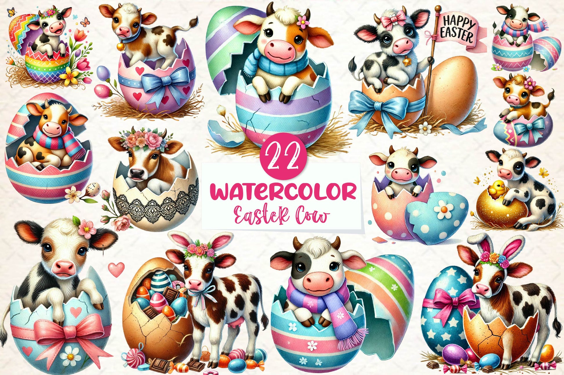 Easter Cow On Cracked Egg Clipart Bundle - CraftNest - Digital Crafting and Art