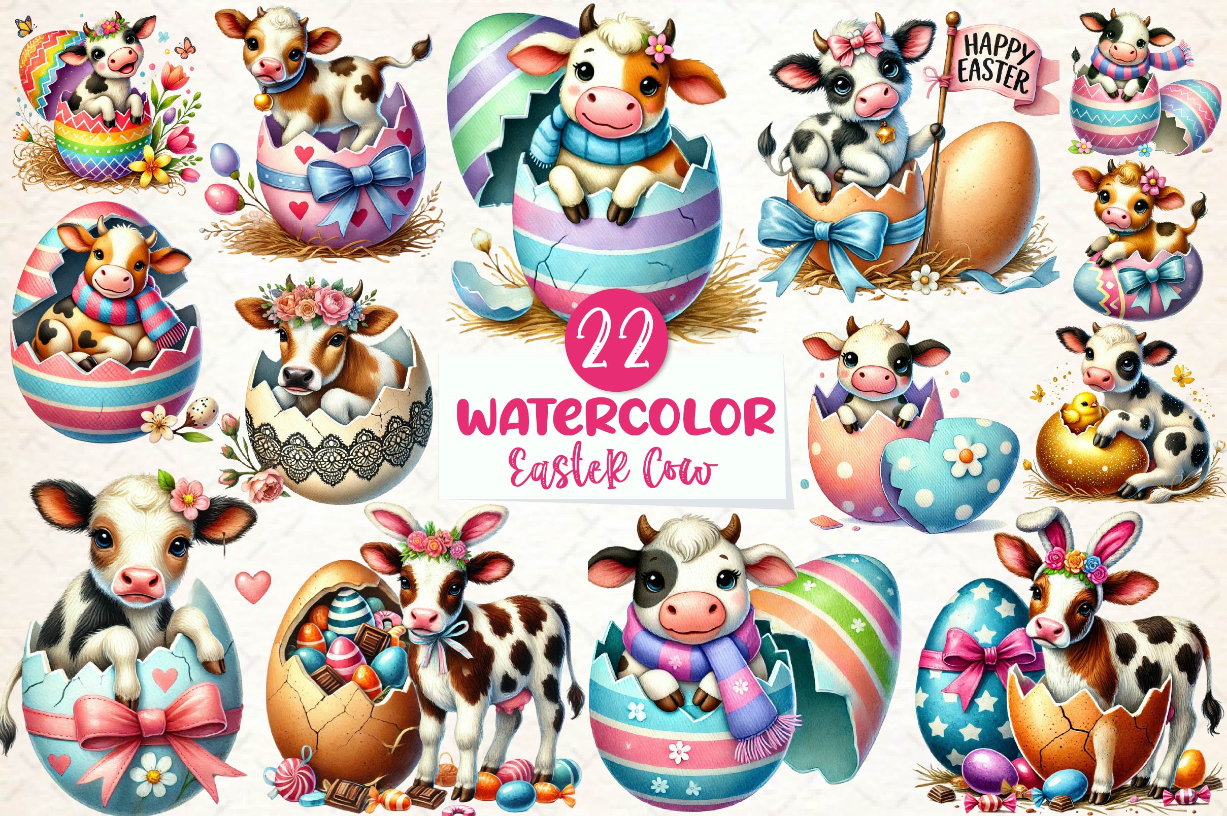 Easter Cow On Cracked Egg Clipart Bundle - CraftNest - Digital Crafting and Art