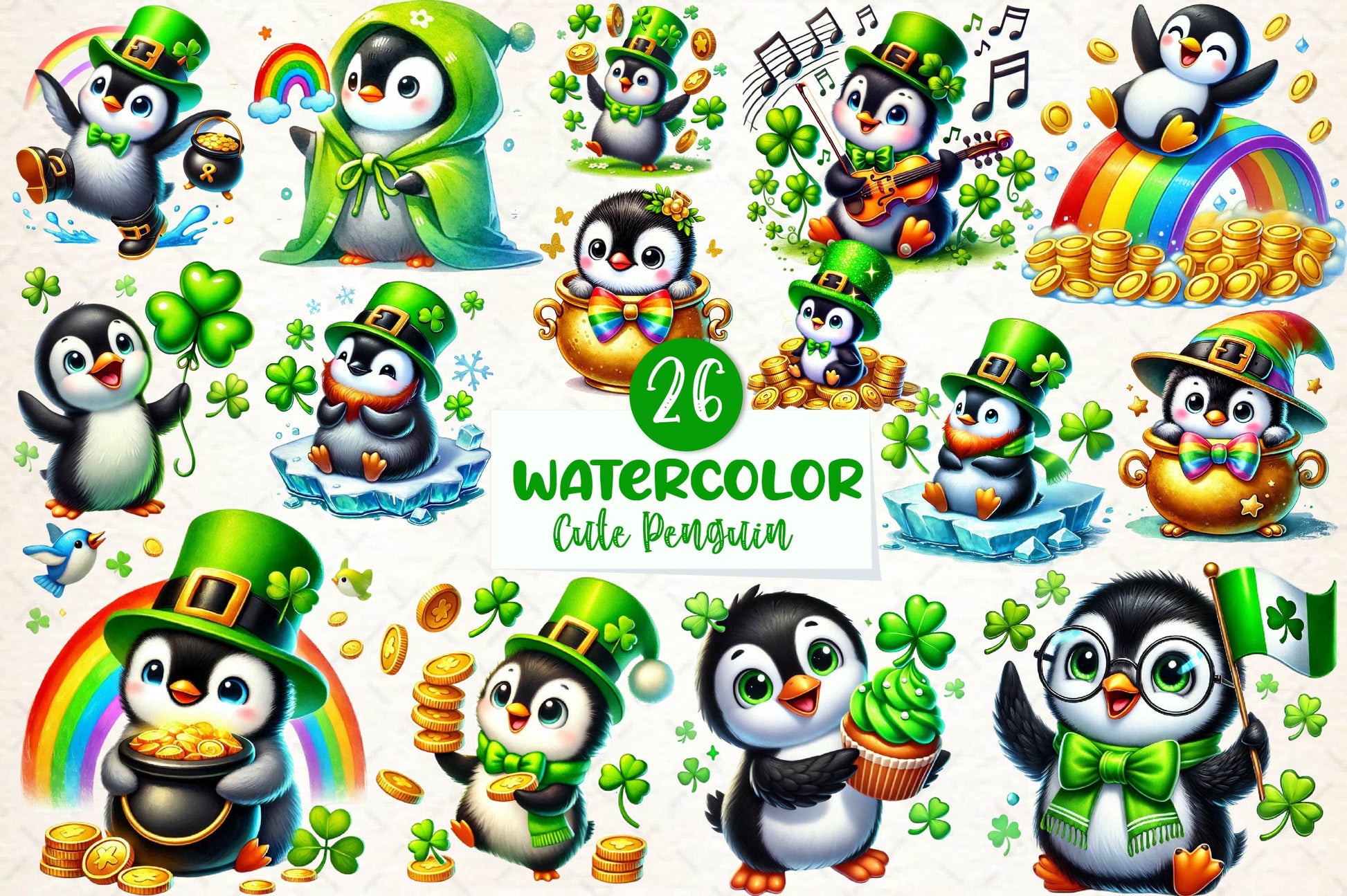 St Patricks Day Cute Penguin Clipart Bundle - CraftNest - Digital Crafting and Art