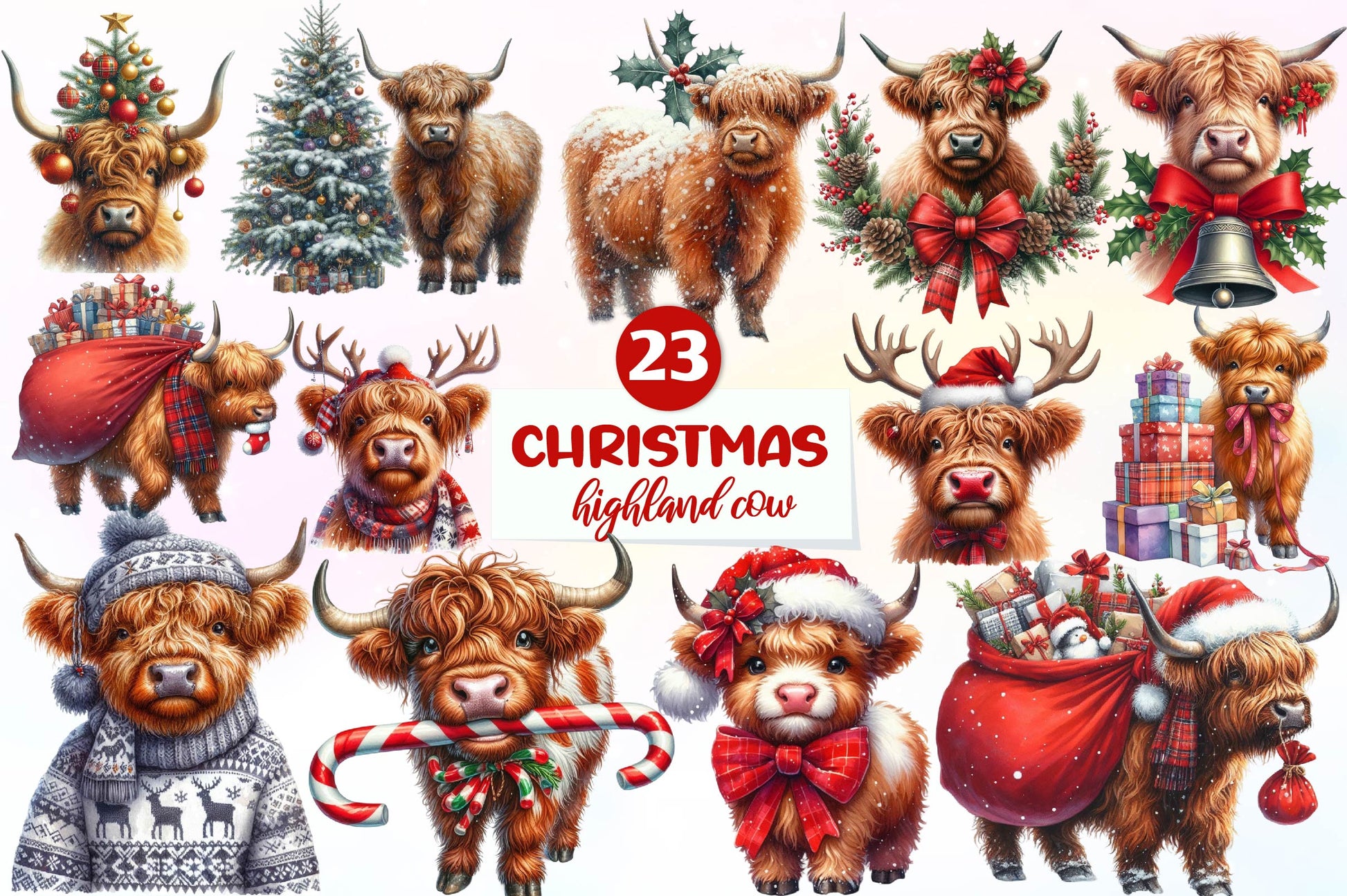 Christmas Highland Cow Clipart Bundle 6 - CraftNest - Digital Crafting and Art
