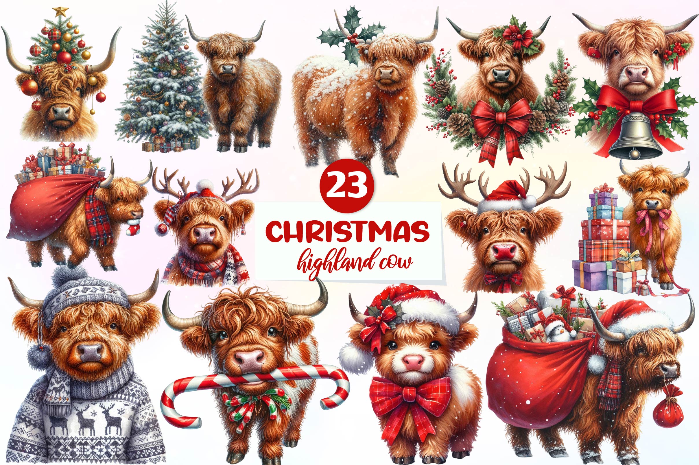Christmas Highland Cow Clipart Bundle 6 - CraftNest - Digital Crafting and Art