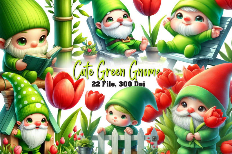 Cute Green Gnome Clipart Bundle - CraftNest - Digital Crafting and Art