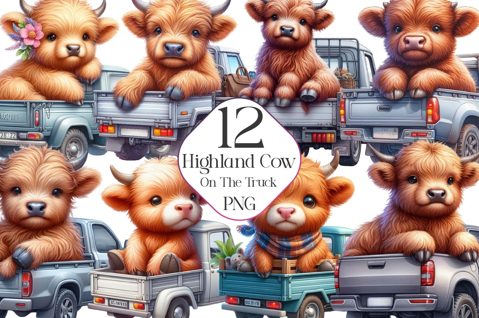 Highland Cow On The Truck Clipart Bundle - CraftNest - Digital Crafting and Art