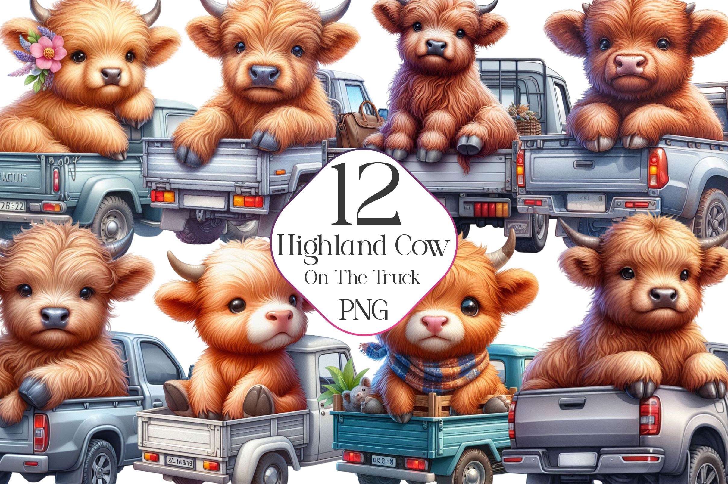 Highland Cow On The Truck Clipart Bundle - CraftNest - Digital Crafting and Art