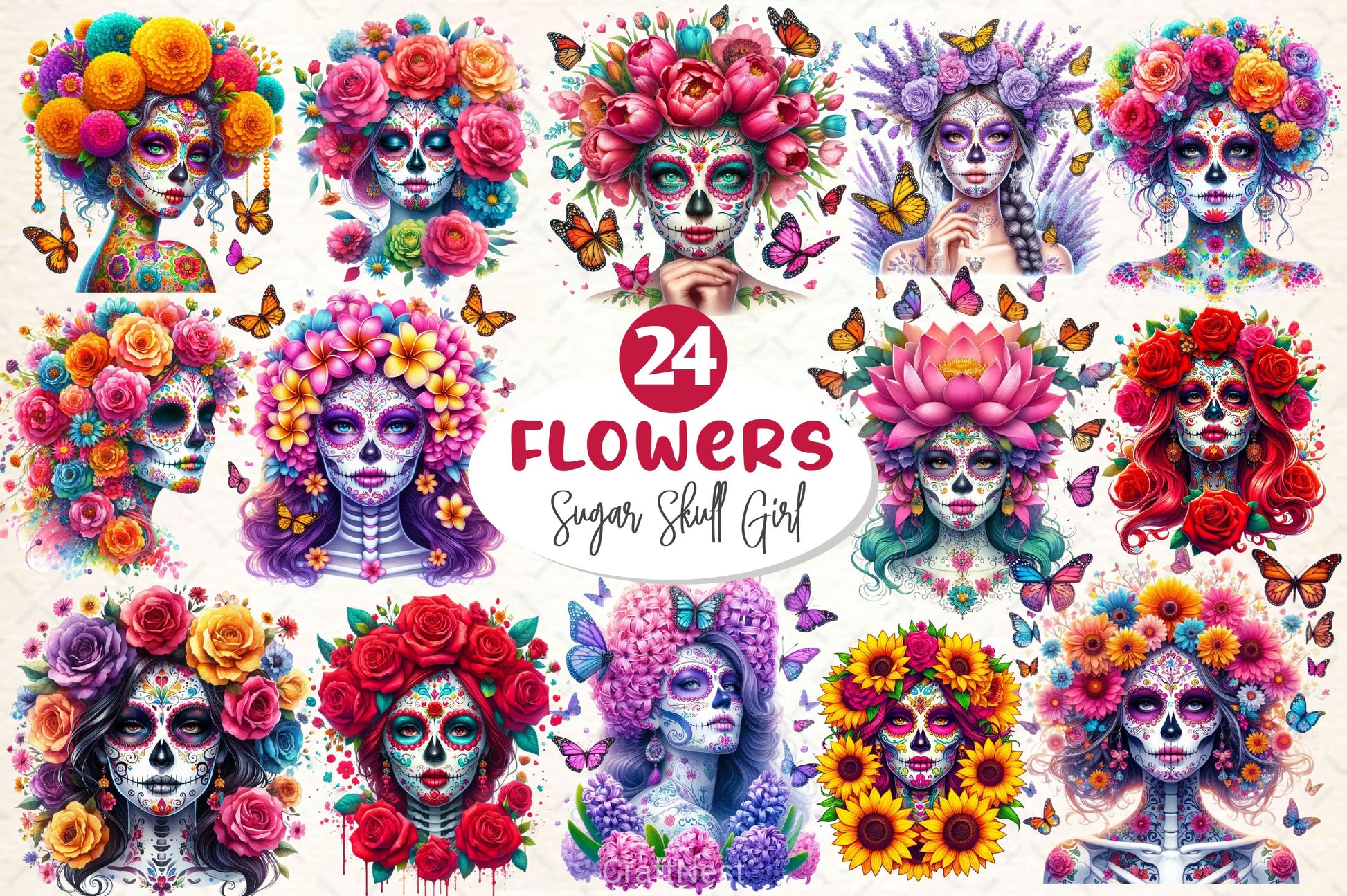 Flowers Sugar Skull Girl Clipart Bundle 2 - CraftNest - Digital Crafting and Art