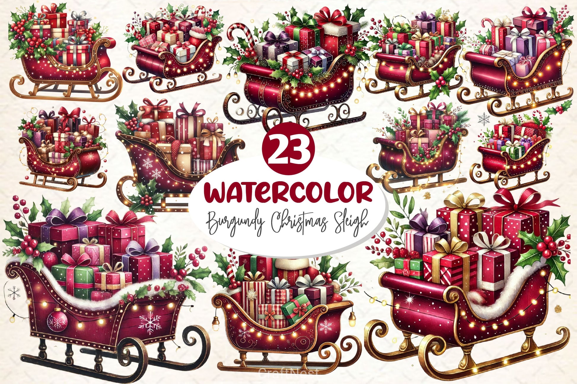 Burgundy Christmas Sleigh Clipart Bundle - CraftNest - Digital Crafting and Art