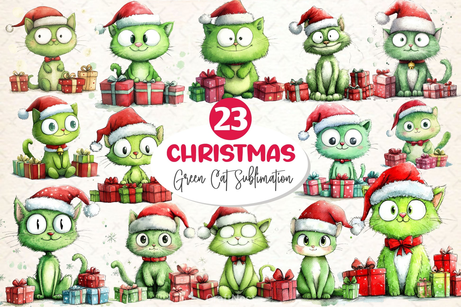 Christmas Green Cat Clipart Bundle - CraftNest - Digital Crafting and Art