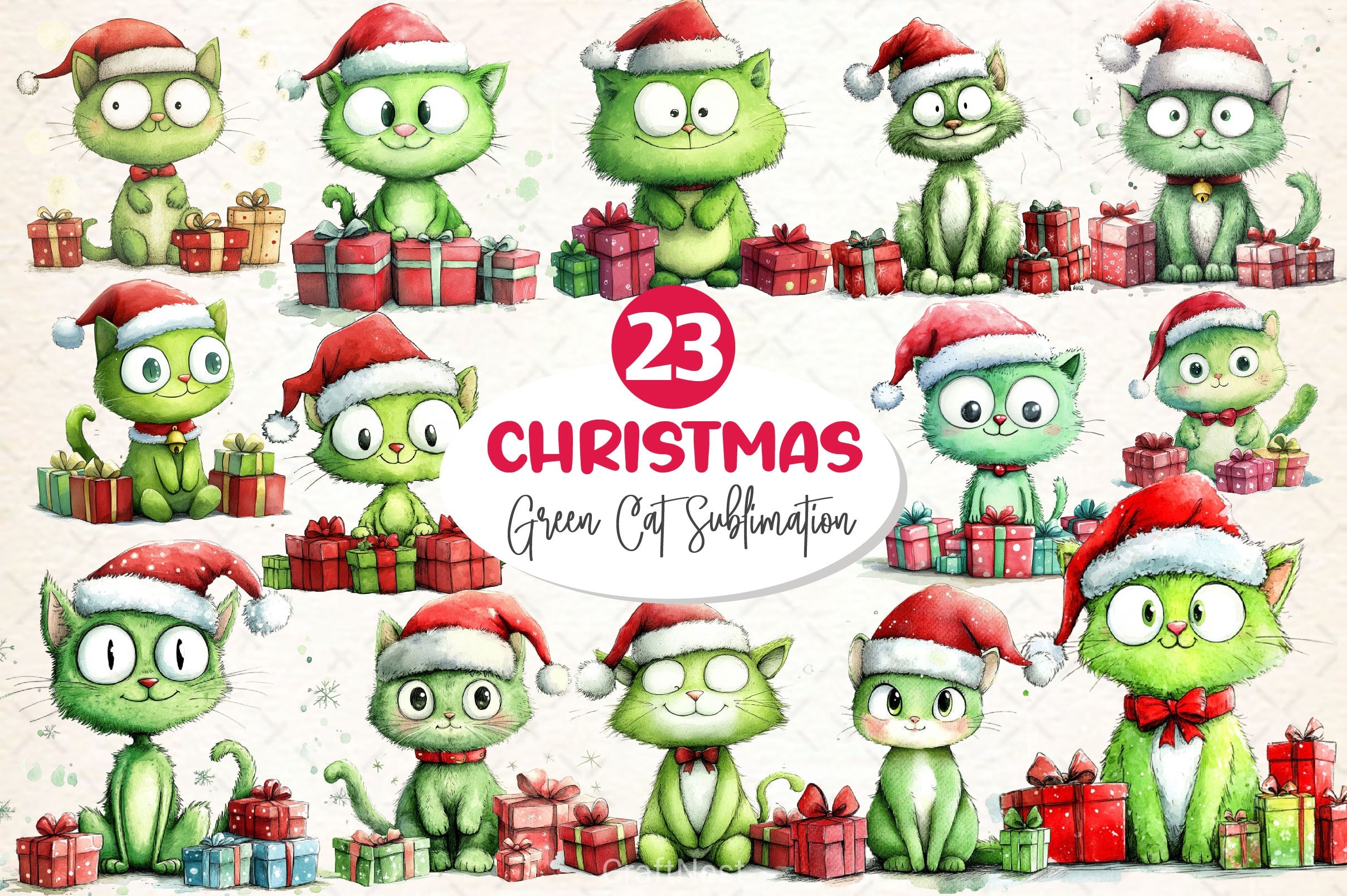 Christmas Green Cat Clipart Bundle - CraftNest - Digital Crafting and Art