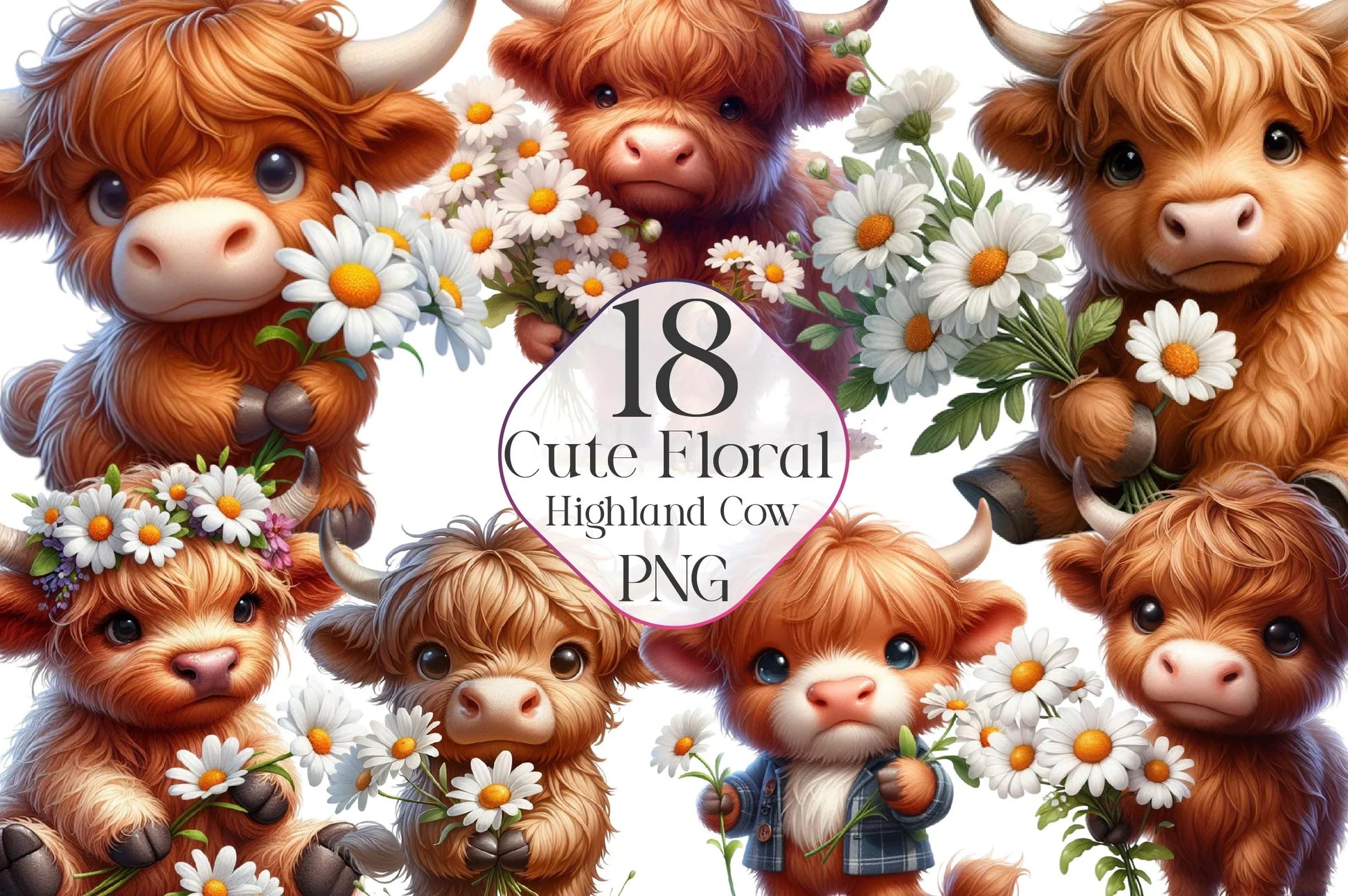 Cute Floral Highland Cow Clipart Bundle - CraftNest - Digital Crafting and Art