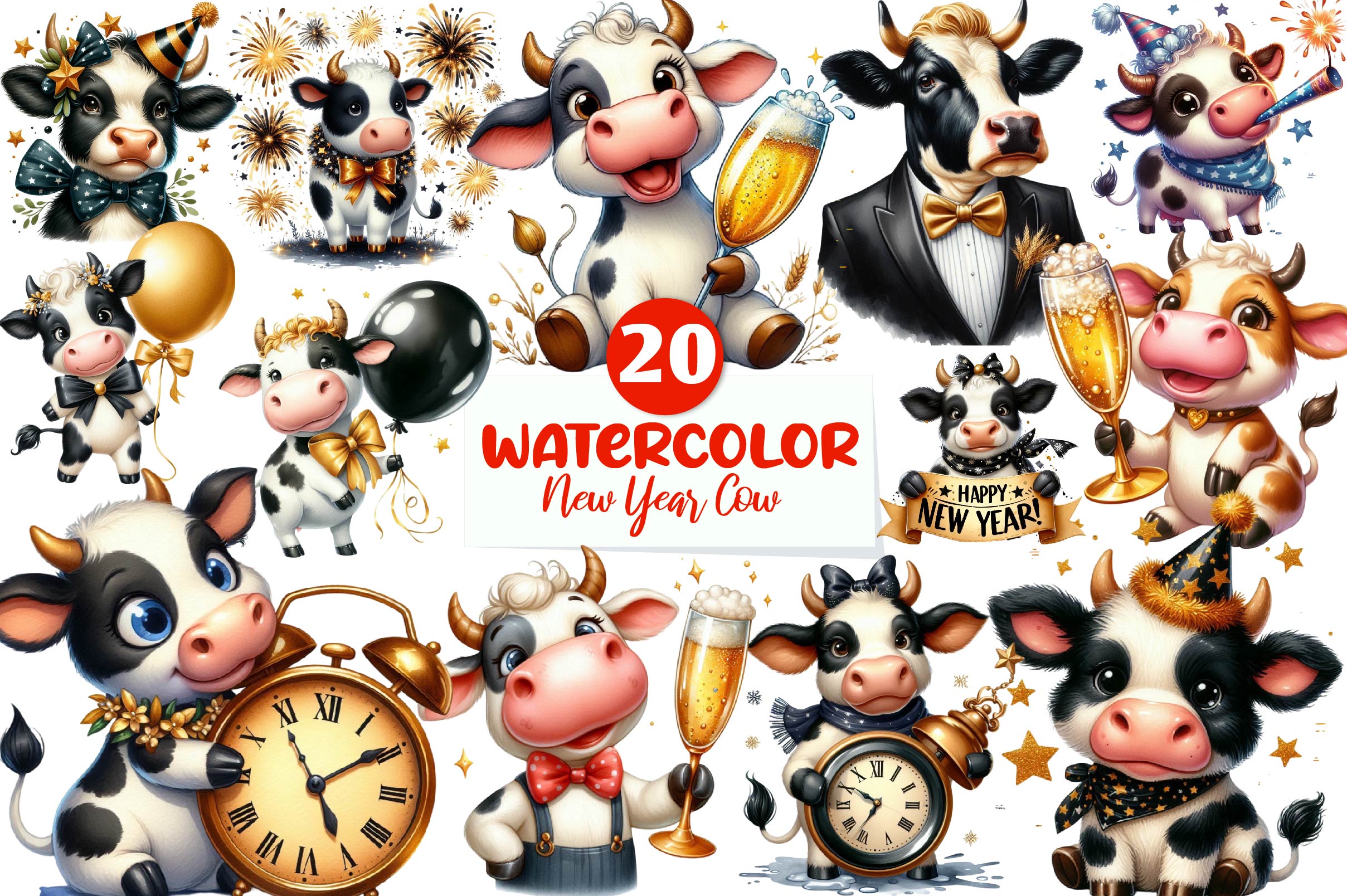 New Year Cow Clipart Bundle - CraftNest - Digital Crafting and Art