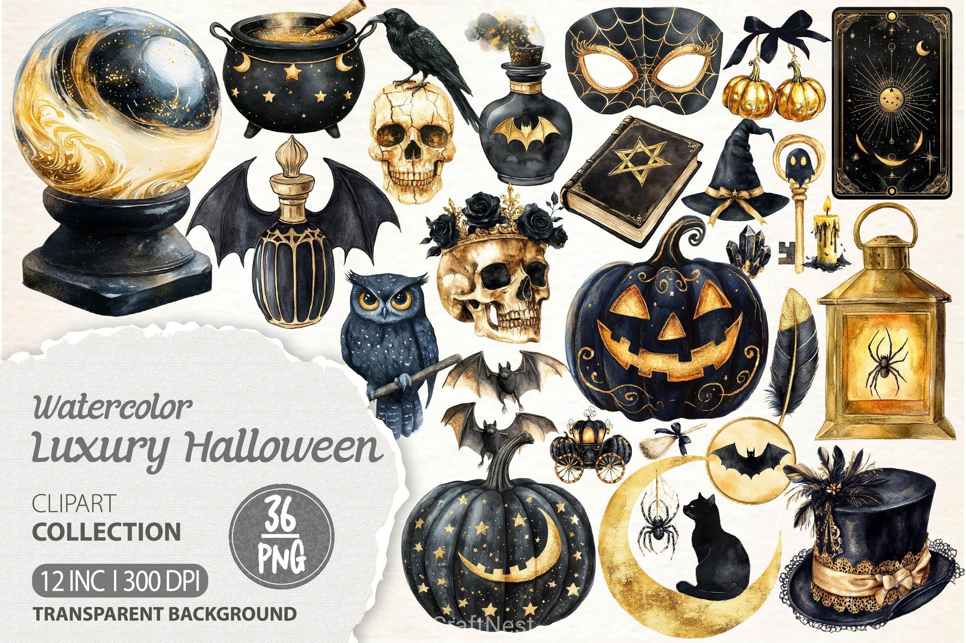 Luxury Black And Gold Halloween Clipart Bundle - CraftNest - Digital Crafting and Art