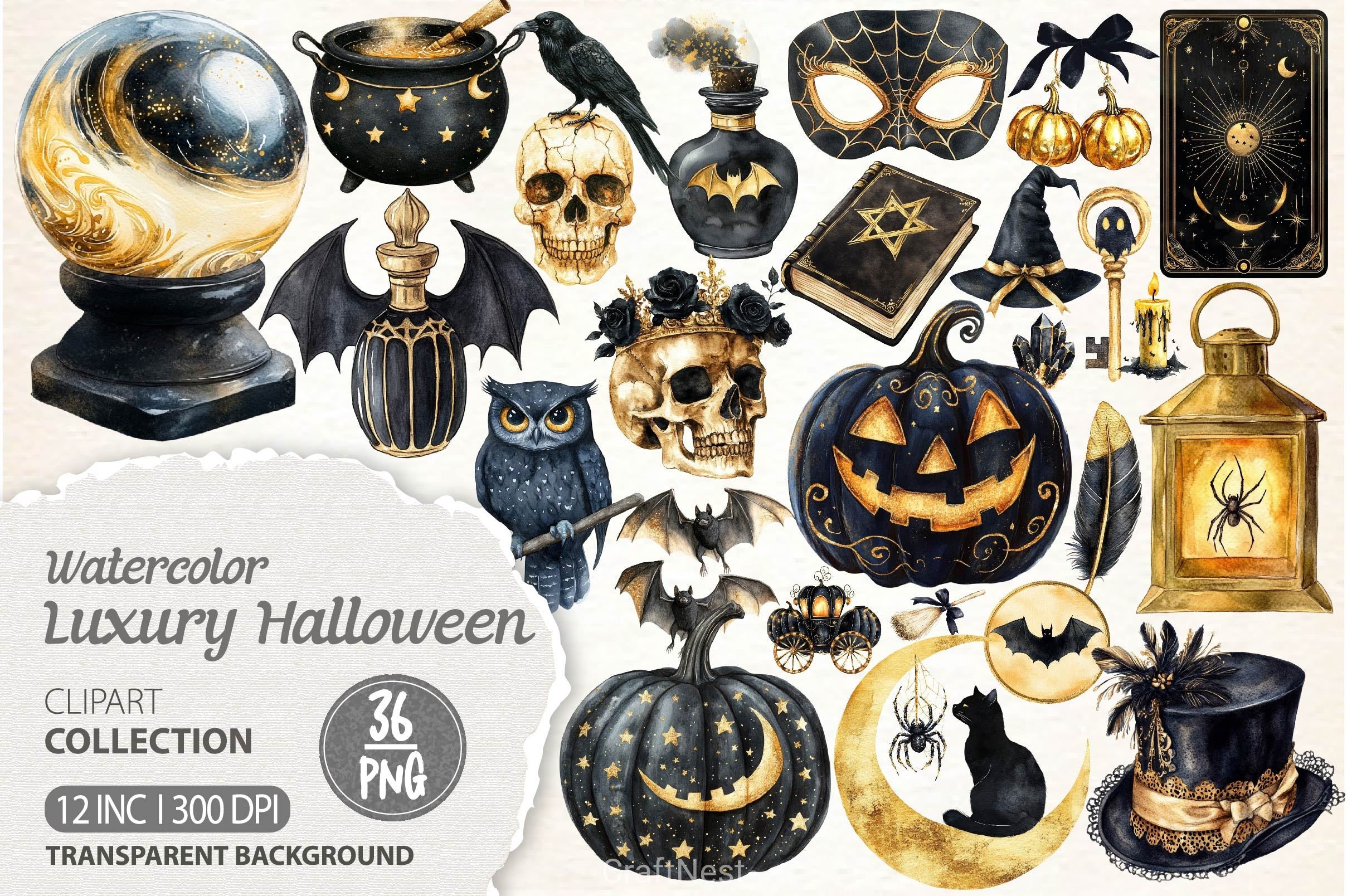 Luxury Black And Gold Halloween Clipart Bundle - CraftNest - Digital Crafting and Art