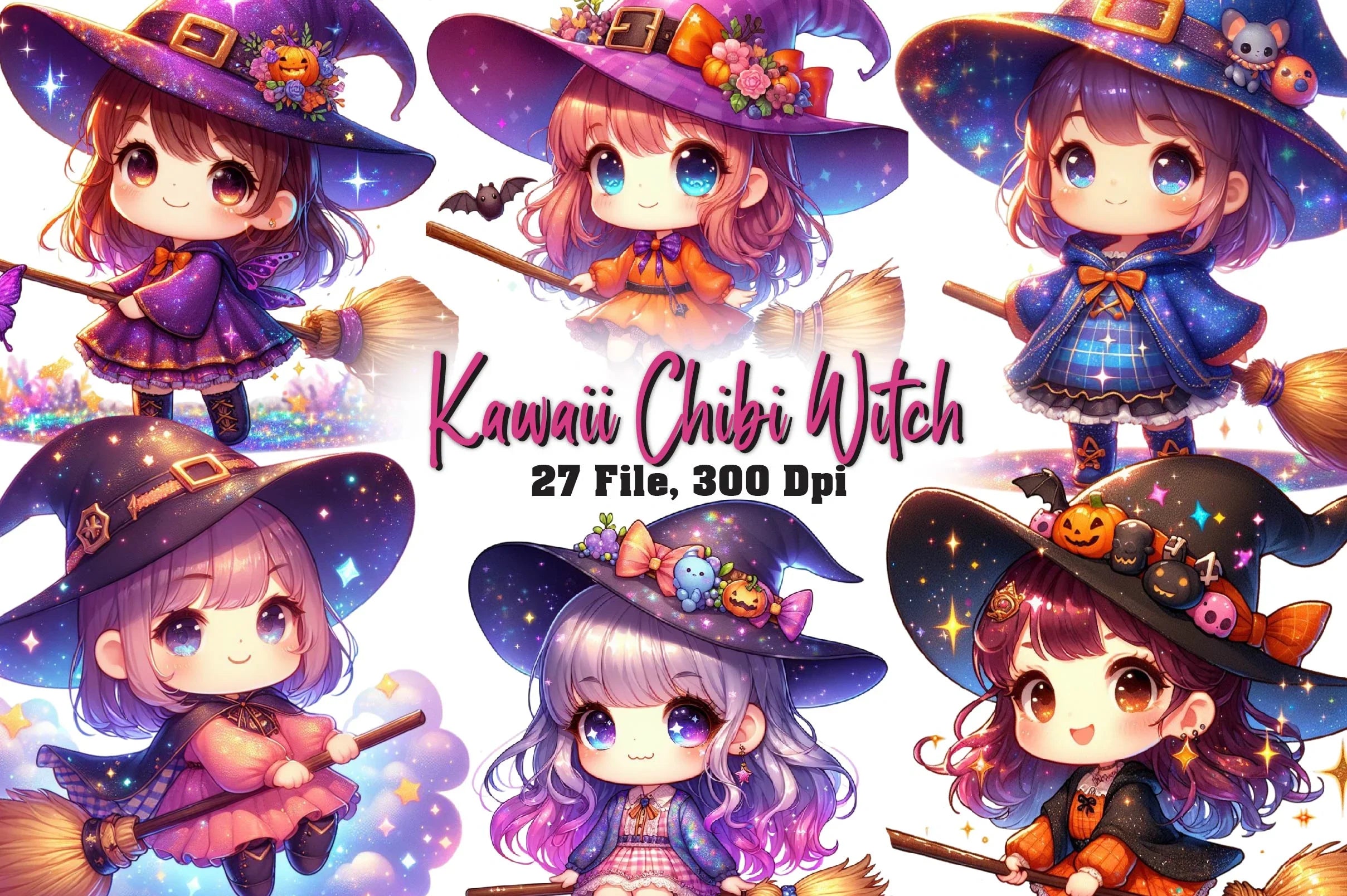 Cute Kawaii Chibi Witch Clipart Bundle - CraftNest - Digital Crafting and Art