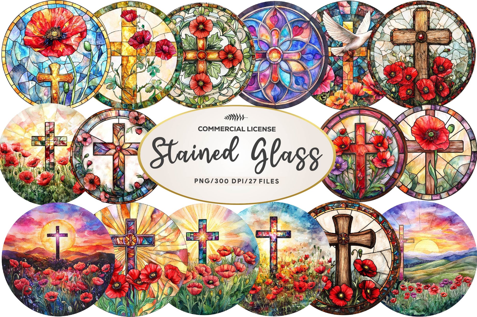 Round Poppy & Cross Faux Stained Glass Clipart Bundle - CraftNest - Digital Crafting and Art