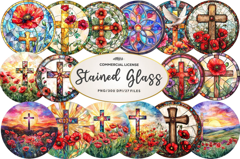Round Poppy & Cross Faux Stained Glass Clipart Bundle - CraftNest - Digital Crafting and Art