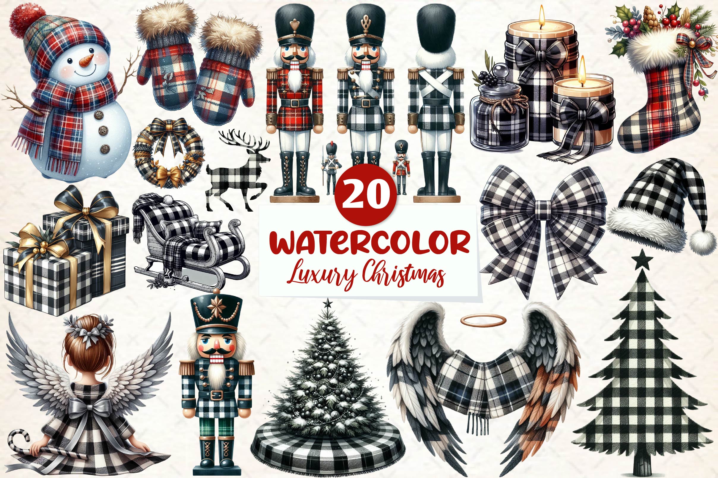 Luxury Plaid Black And White Christmas Clipart Bundle - CraftNest - Digital Crafting and Art