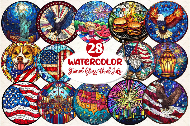 Round Stained Glass 4th Of July Clipart Bundle 3 - CraftNest - Digital Crafting and Art