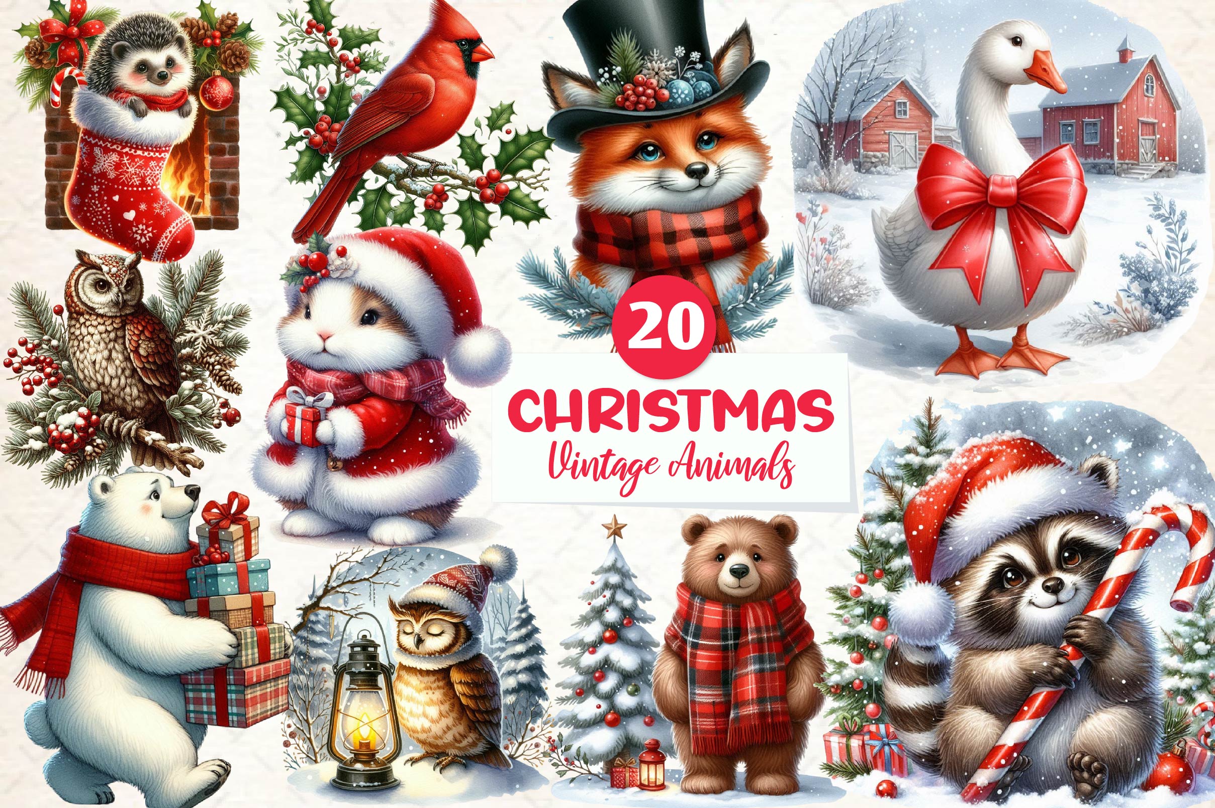Vintage Christmas Animals Clipart Bundle - CraftNest - Digital Crafting and Art