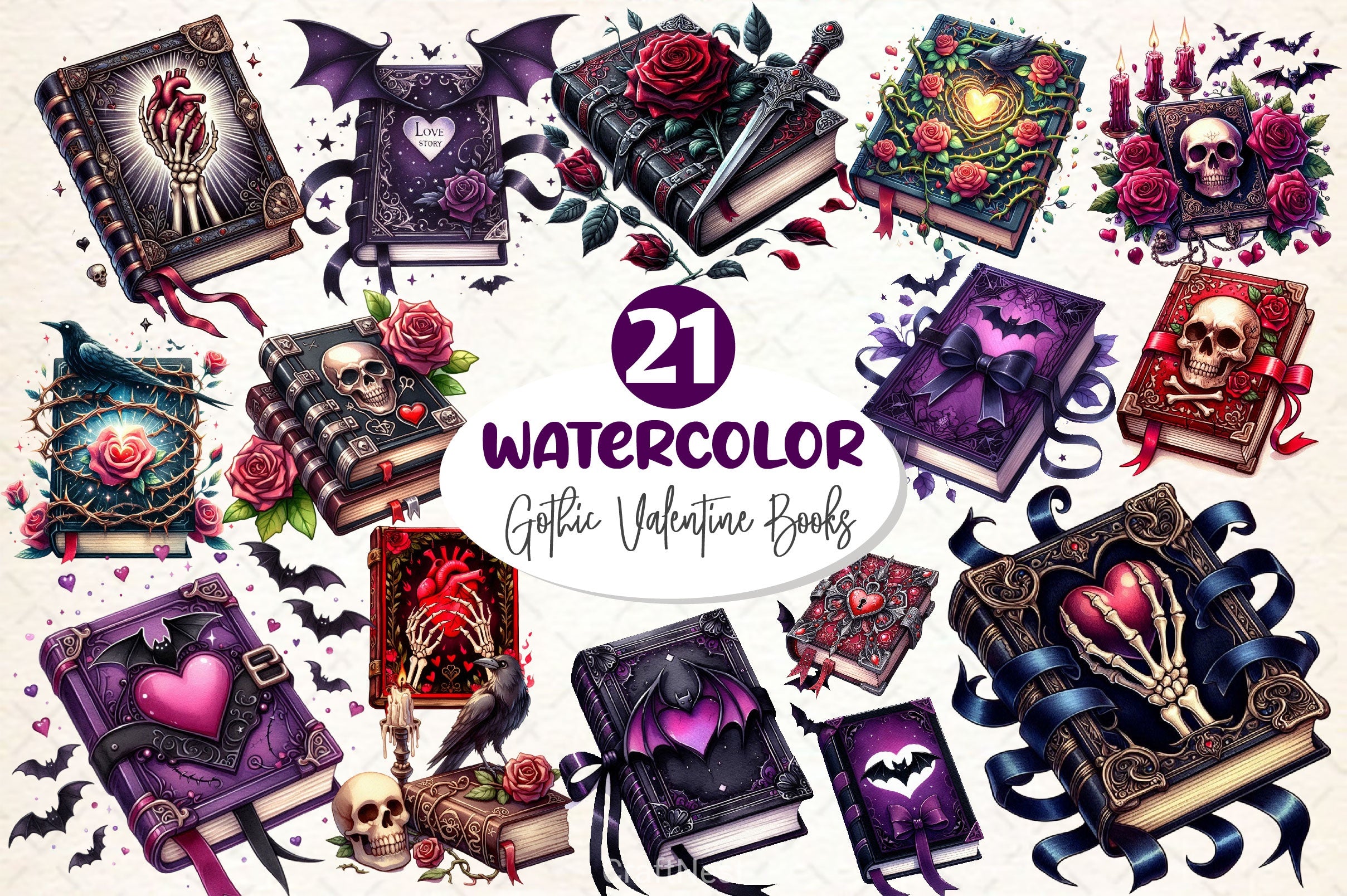 Gothic Valentine's Day Books Clipart Bundle 1 - CraftNest - Digital Crafting and Art