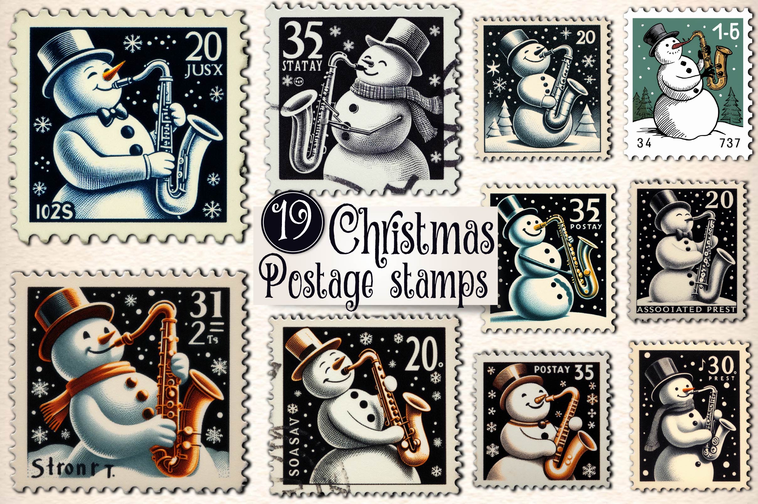 Christmas Snowman Postage Stamps Clipart Bundle - CraftNest - Digital Crafting and Art