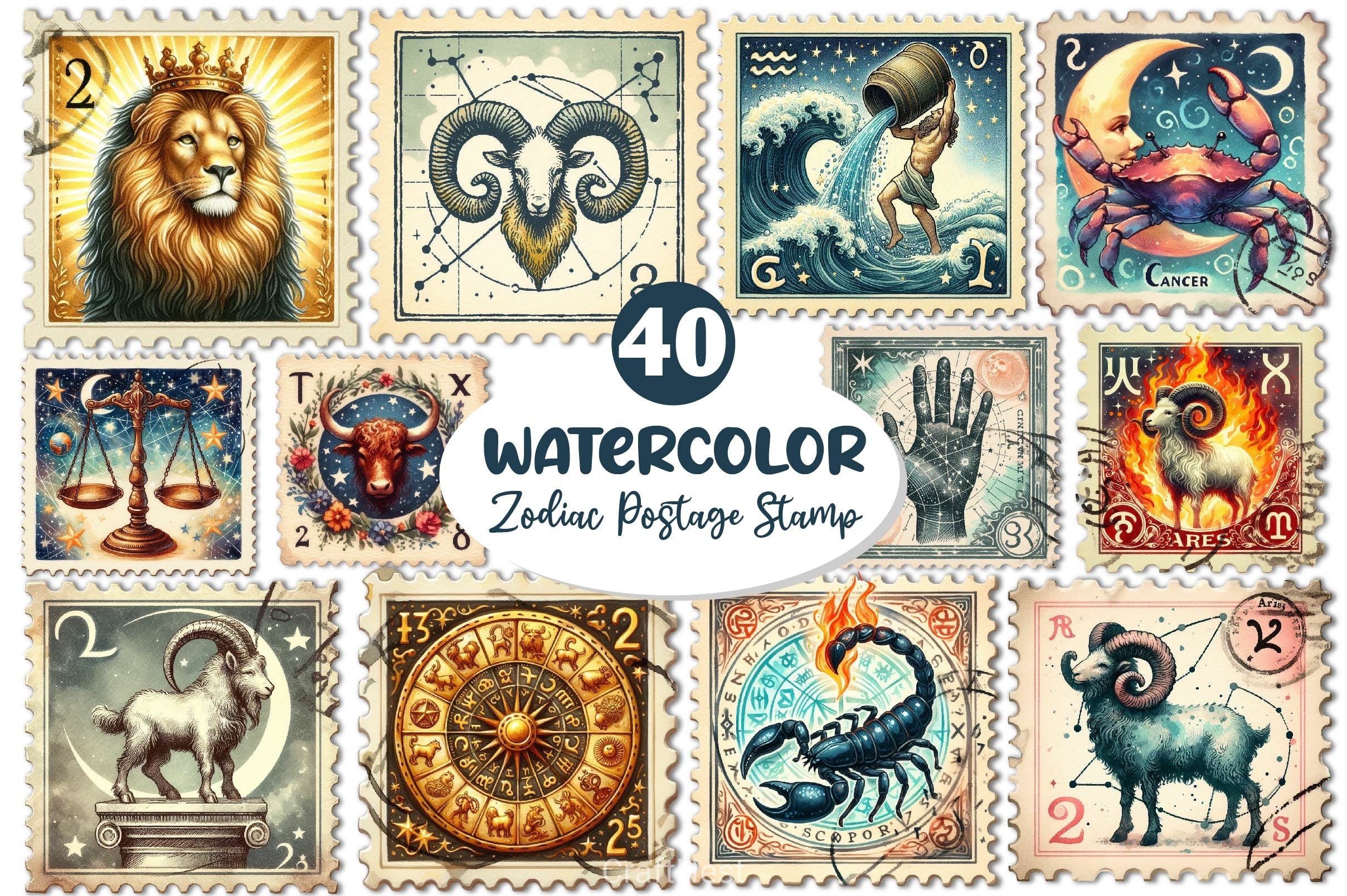 Zodiac Postage Stamp Clipart Bundle - CraftNest - Digital Crafting and Art