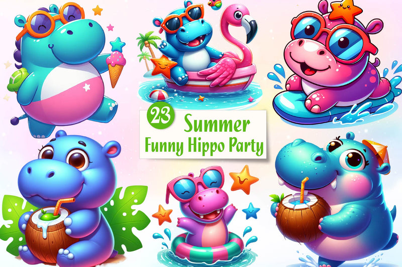 Funny Hippo In Pool Party Clipart Bundle - CraftNest - Digital Crafting and Art