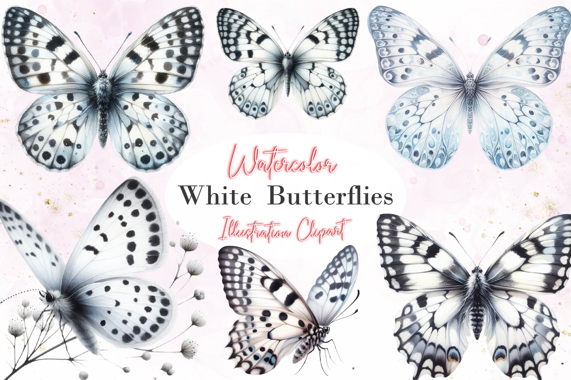 White Butterfly Floral Clipart Bundle - CraftNest - Digital Crafting and Art