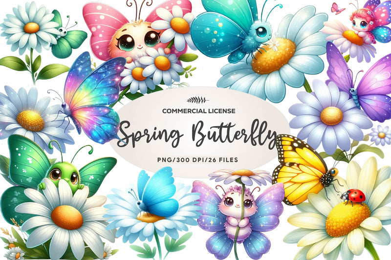 Cute Daisy Cartoon Spring Butterfly Clipart Bundle - CraftNest - Digital Crafting and Art