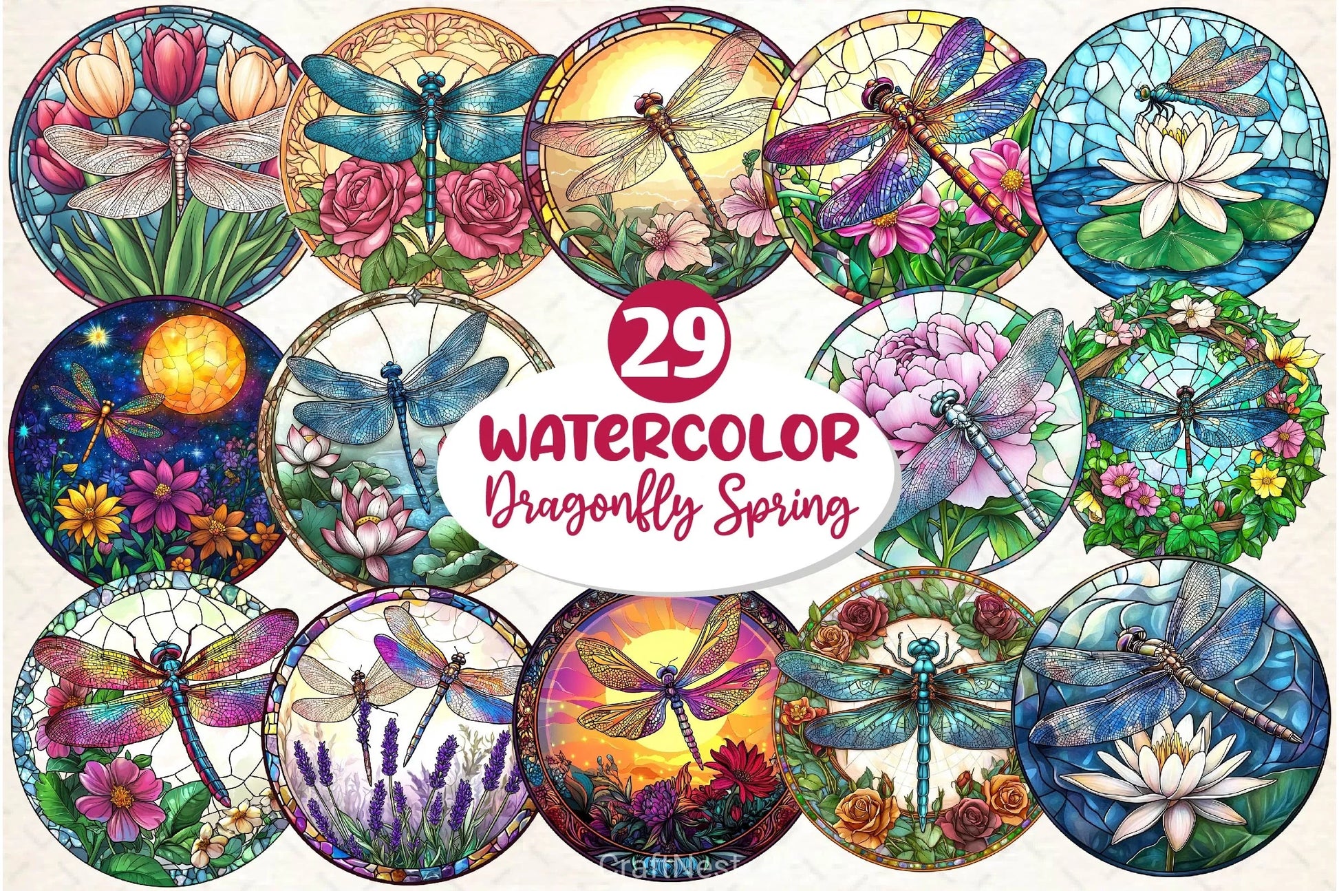 Dragonfly Spring Flower Stained Glass Clipart Bundle - CraftNest - Digital Crafting and Art