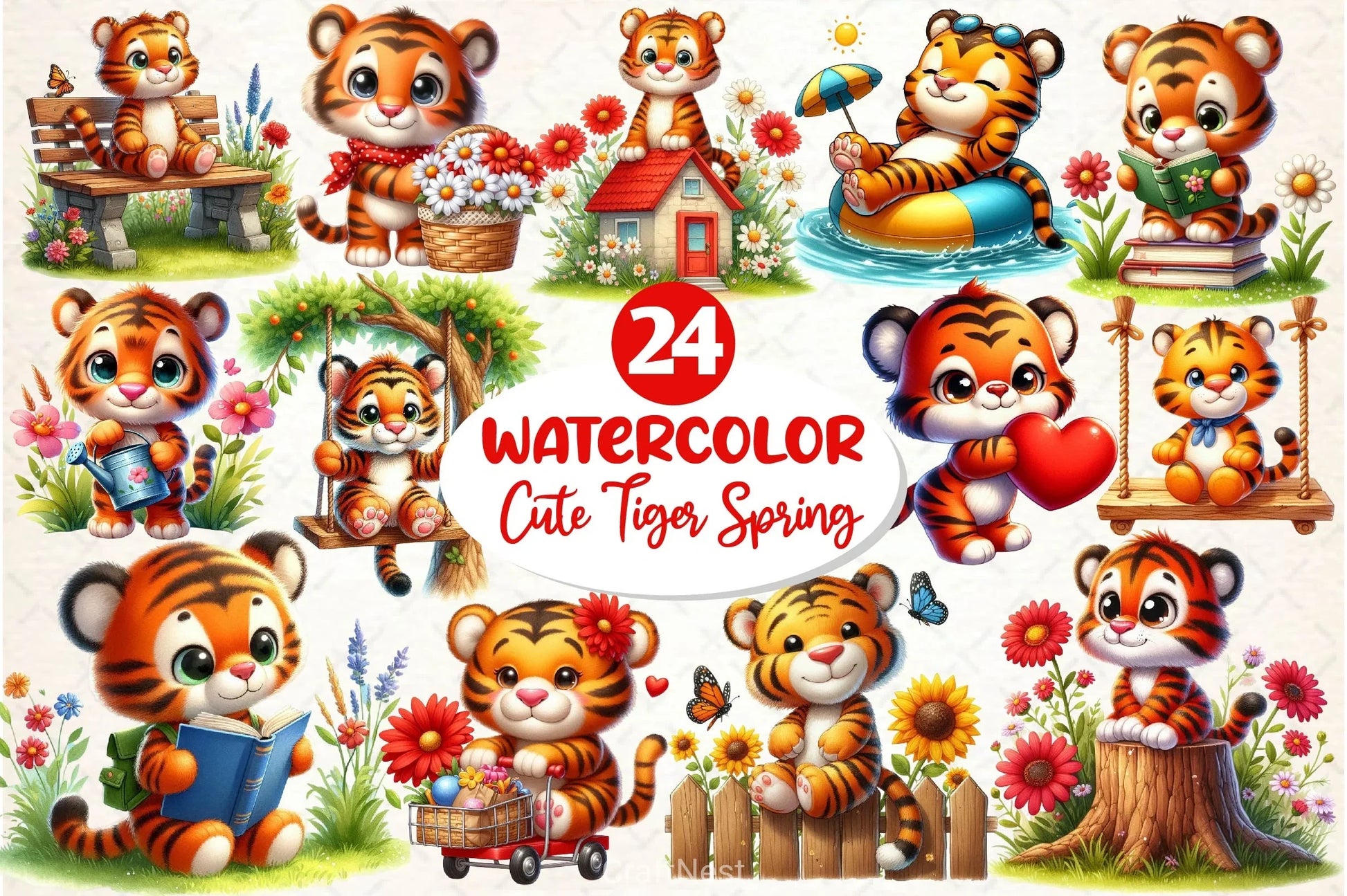 Cute Tiger With Floral Spring Clipart Bundle - CraftNest - Digital Crafting and Art