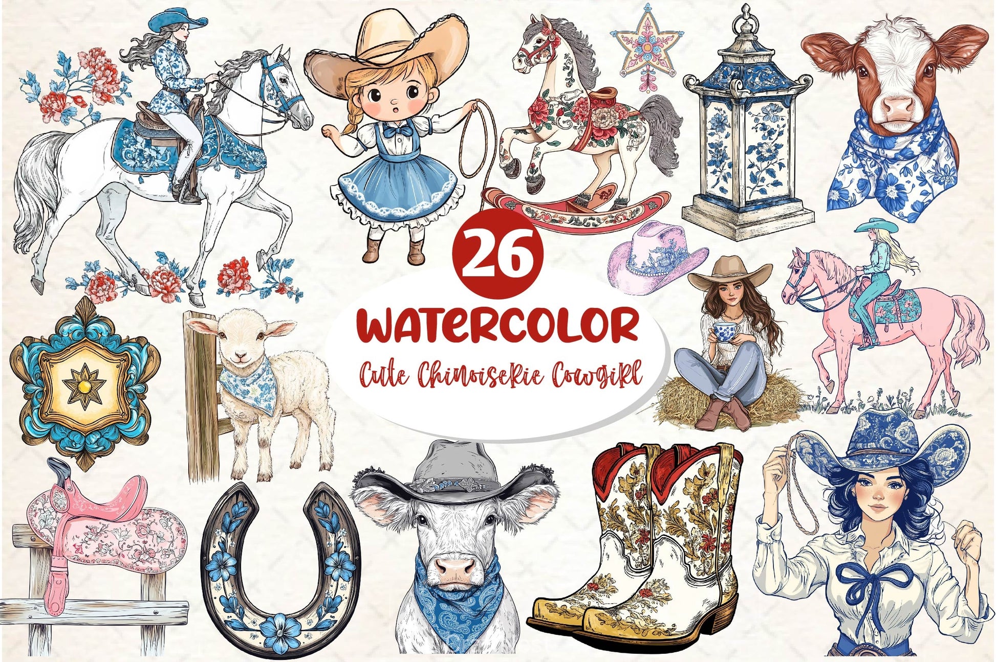 Cute Chinoiserie Cowgirl Clipart Bundle 2 - CraftNest - Digital Crafting and Art