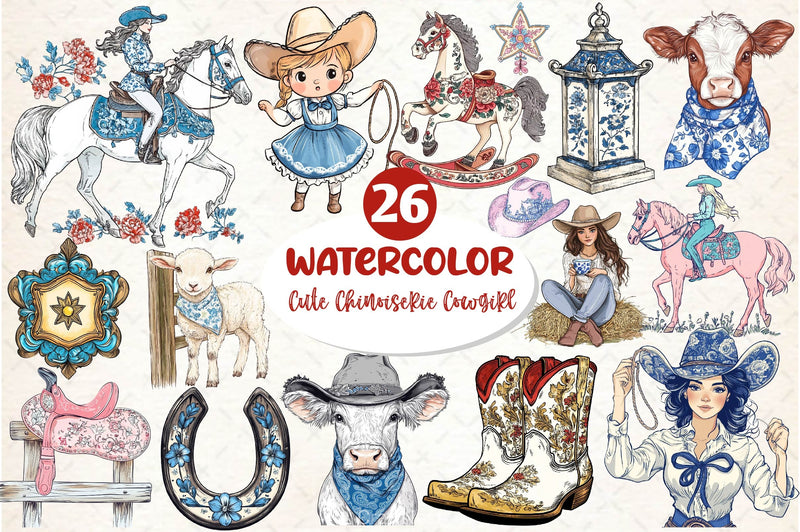 Cute Chinoiserie Cowgirl Clipart Bundle 2 - CraftNest - Digital Crafting and Art
