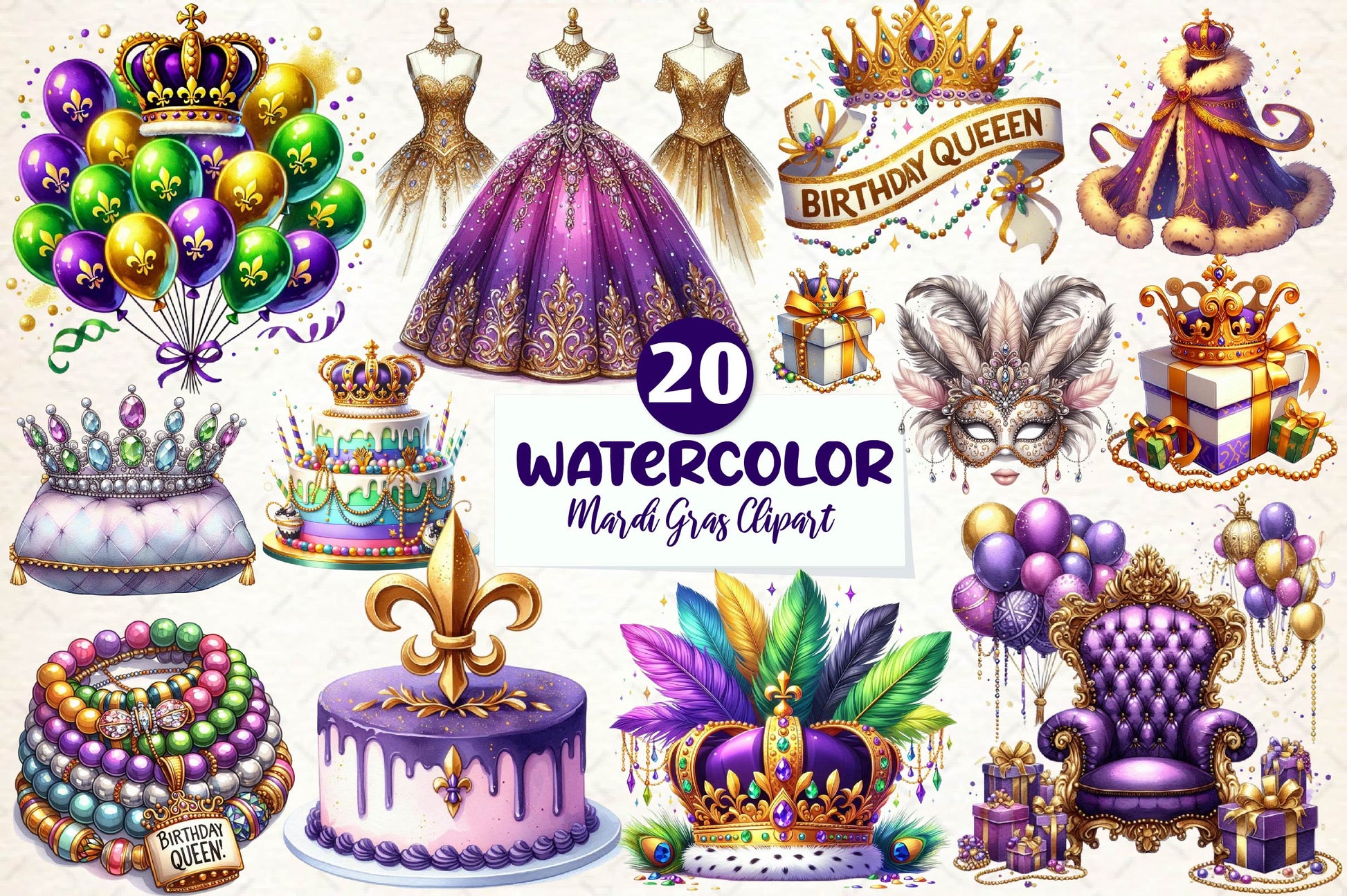 Birthday Queen Of Mardi Gras Clipart Bundle - CraftNest - Digital Crafting and Art