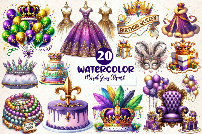 Birthday Queen Of Mardi Gras Clipart Bundle - CraftNest - Digital Crafting and Art